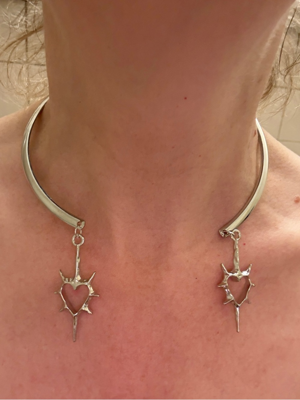 Hand-Crafted Silver Heart Spike Choker Necklace - Women's Jewelry